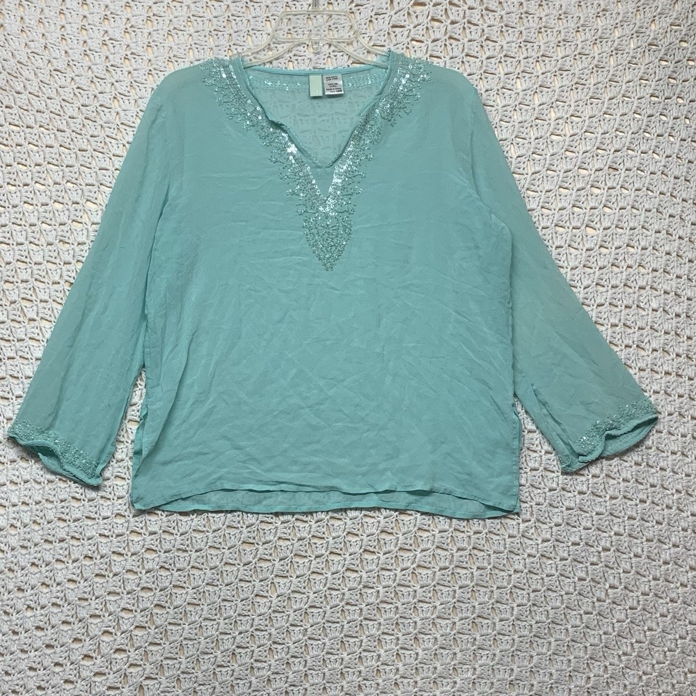 ITSU Silk Chiffon Tunic Top Women 16W Green Beaded Long Sleeves‎ V Neck Sheer